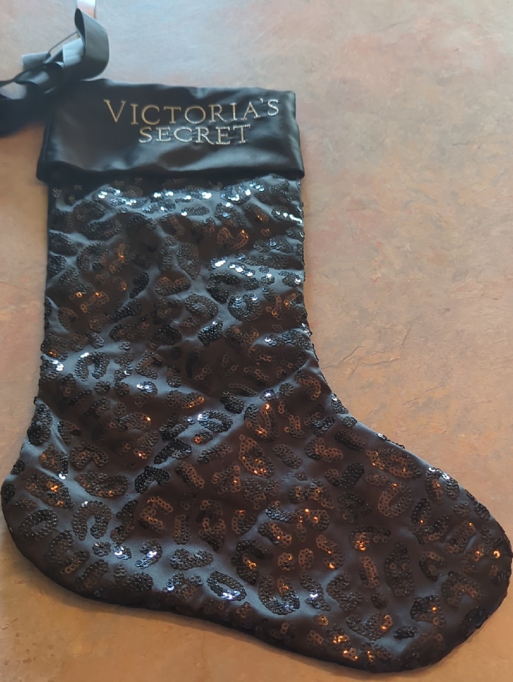 Victoria's Secret Black Sequin Leopard Holiday Stocking with Satin Cuff